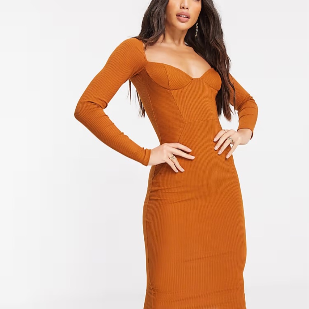 ASOS Design Off Shoulder Rib Paneled Long Sleeve Midi Dress